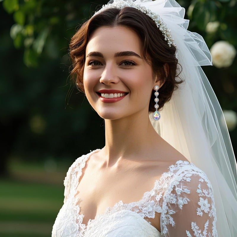 BriLove Wedding Bridal Dangle Earrings for Women Elegant Crystal Teardrop Chandelier Jewelry for Party Prom Accessories Iridescent AB Silver-Tone - Image 2